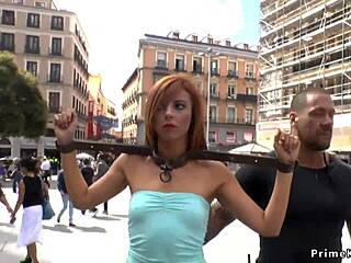 Kinky redhead in stockings gets punished in public