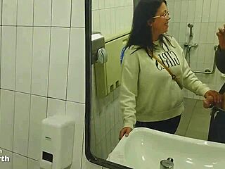 Old men and young women enjoy hot sex in public restroom