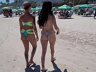 Brazilian babe takes on two guys at the beach