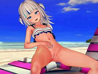 Anime meisje Gawr gura geniet van een wilde neuksessie op het strand