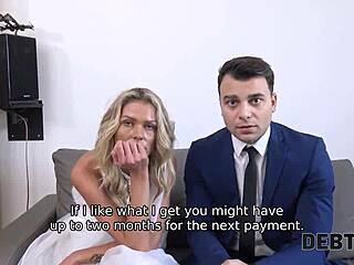 Cuckold husband watches as his wife gets fucked by a debt collector in a white dress and stockings