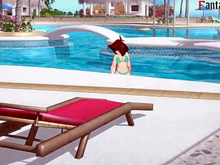 Anzu Mazaki geniet van plezier bij het zwembad met Yu-Gi-Oh-personage in bikini