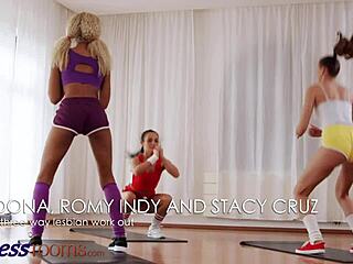 Lesbian threesome in the fitness room with Roma Indy, Stacy Cruz, and Lexi Dona