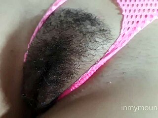 Teasing with her big pussy and hairy pussy in one piece swimsuit