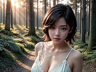 Japansk hentai med stora bröst och klackar i skogen