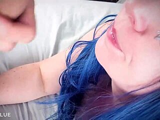 Blue-haired cosplayer gives a blowjob at Animecon after party