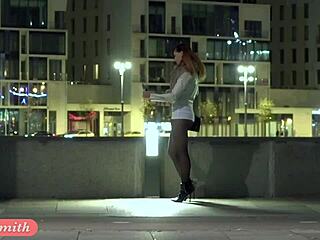 Russian stunner Jenny Smith parades in public in sheer tights and heels, exposing her allure