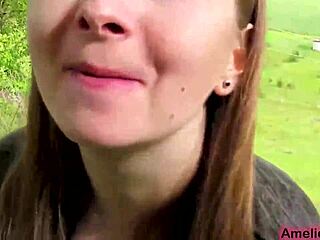 Young woman gives a sensual blowjob to her boyfriend outdoors, finishing with a facial
