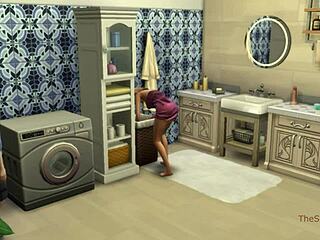 Sims 4'te, baştan çıkarıcı bir milf üvey anne, üveY oğlu tarafından bir çamaşır makinesinde hakimiyet altına alınıp sikişiyor