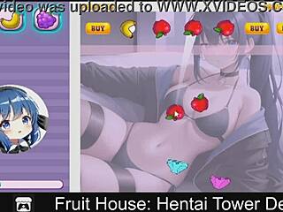 Erotic 2D game with anime-style characters defending a fruit-themed tower