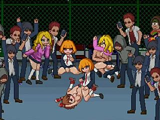 Animated schoolgirls engage in pixelated dot fight with sexy and rough moves